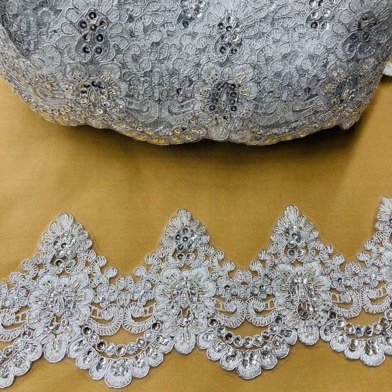 Beaded & Corded Lace Trimming Embroidered on 100% Polyester Net Mesh | Lace USA - KZ-10