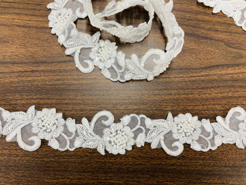 Beaded & Corded Lace Trimming Embroidered on 100% Polyester Organza | Lace USA - 95114N-BP