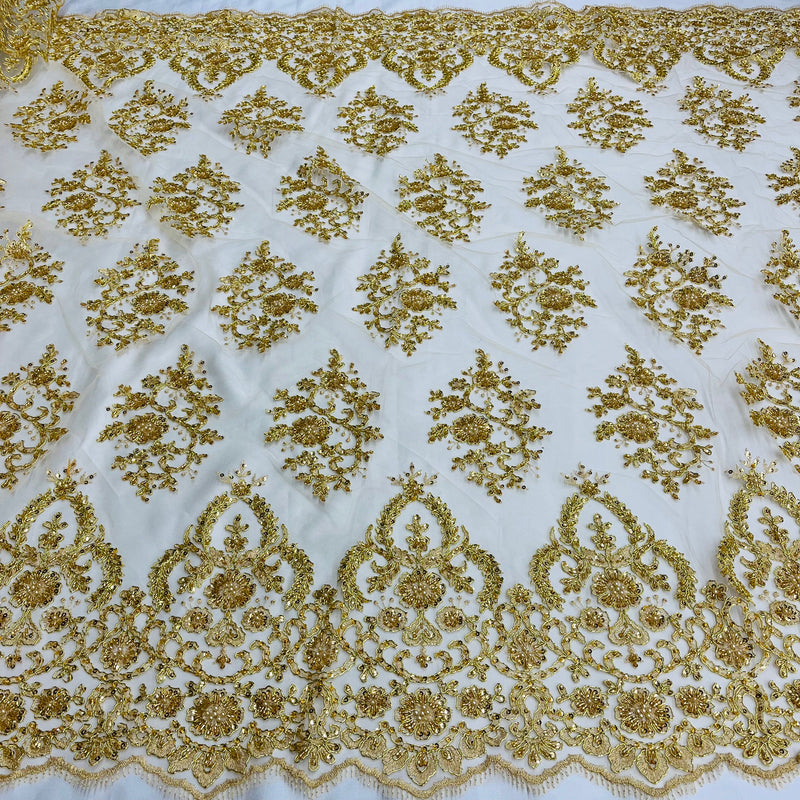 Beaded & Corded Bridal Lace Fabric Embroidered on 100% Polyester Net Mesh | Lace USA - GD-2257