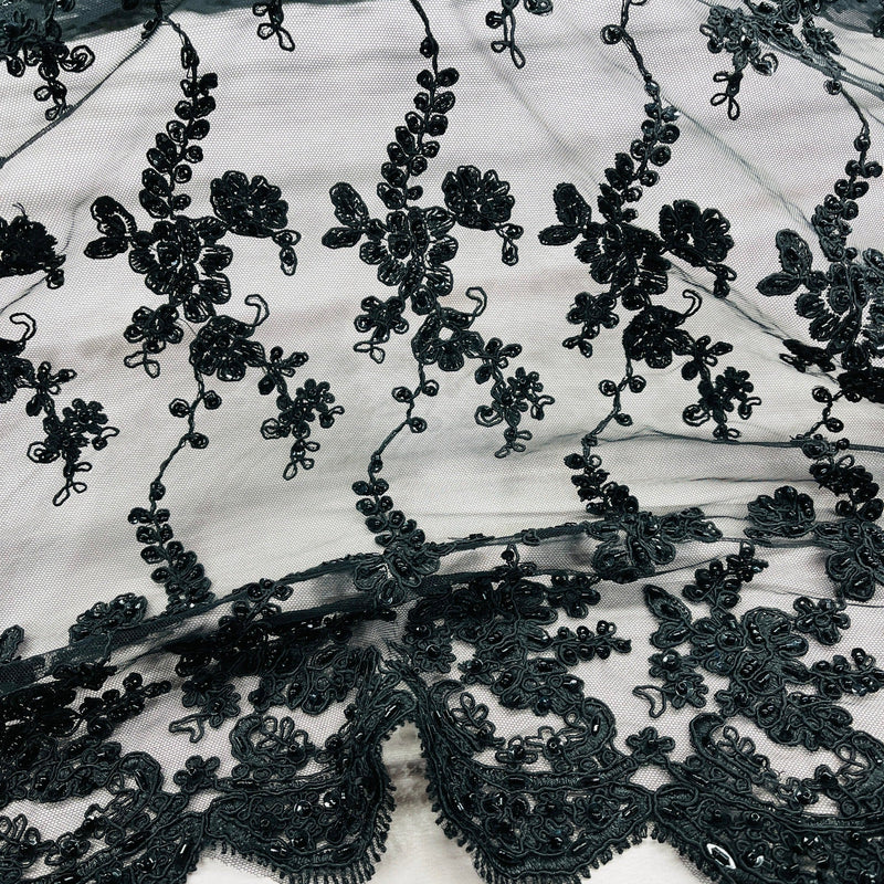 Beaded & Corded Lace Fabric Embroidered on 100% Polyester Net Mesh | Spandex Palace- GD-1819