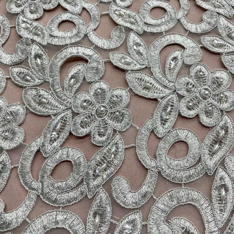 Beaded & Corded Bridal Lace Fabric Embroidered on 100% Polyester Net Mesh  | Lace USA -90726N-BP