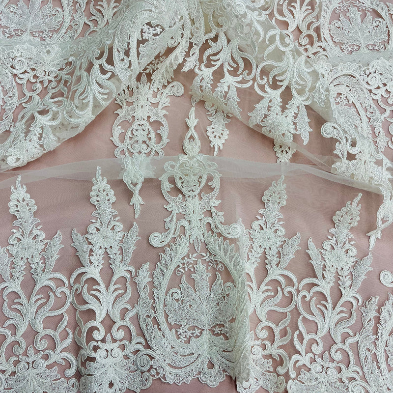 Beaded & Corded Bridal Lace Fabric Embroidered on 100% Polyester Net Mesh | Lace USA - 97201W-HB