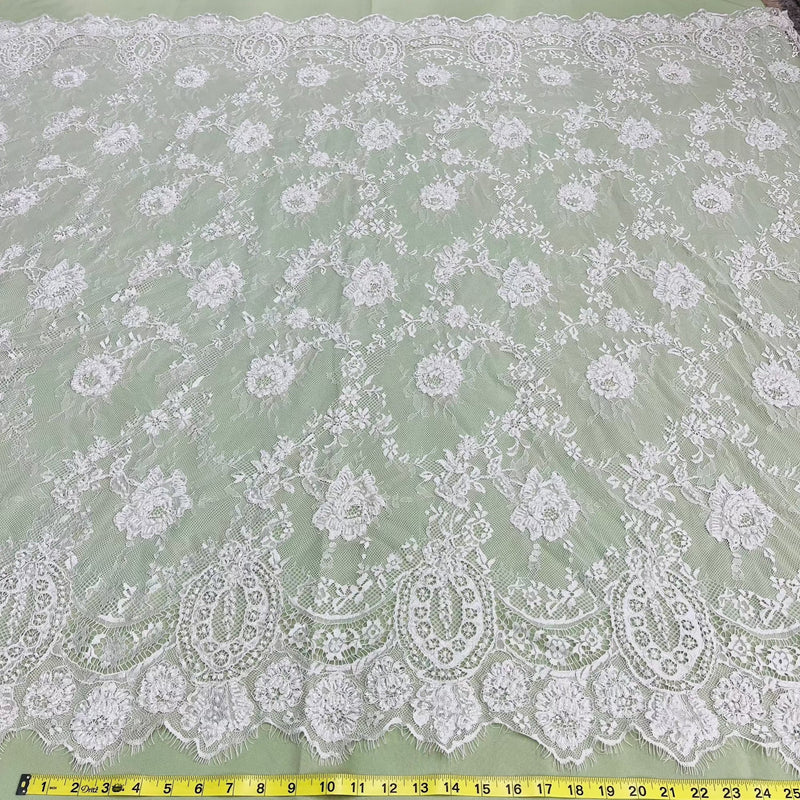 3 Yards Precut Beaded & Corded Chantilly Floral Lace Fabric Embroidered on 100% Polyester Net Mesh | Lace USA - 97143W-BP