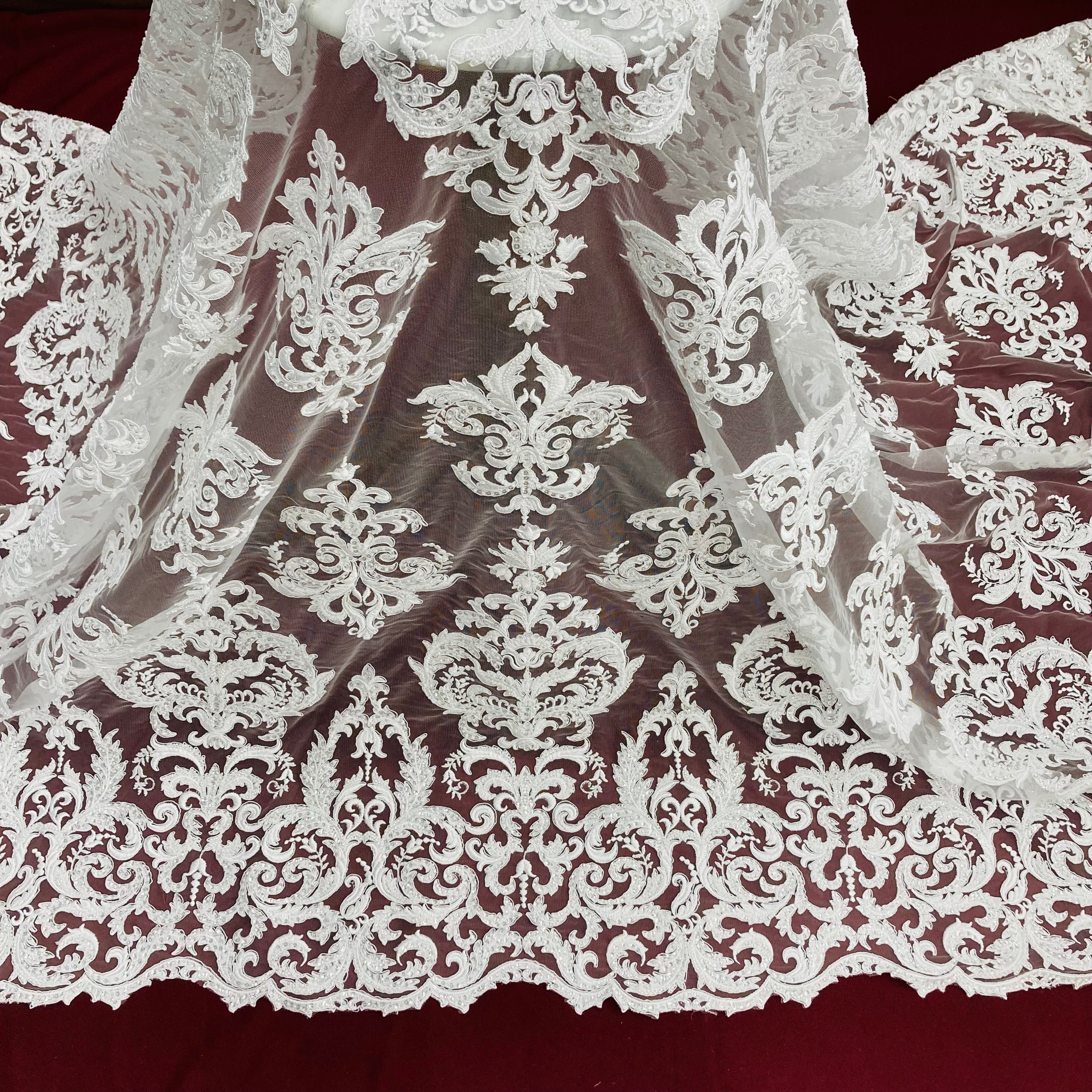 Beaded & Corded Lace Fabric Embroidered on 100% Polyester Net Mesh | Lace USA - GD-59828