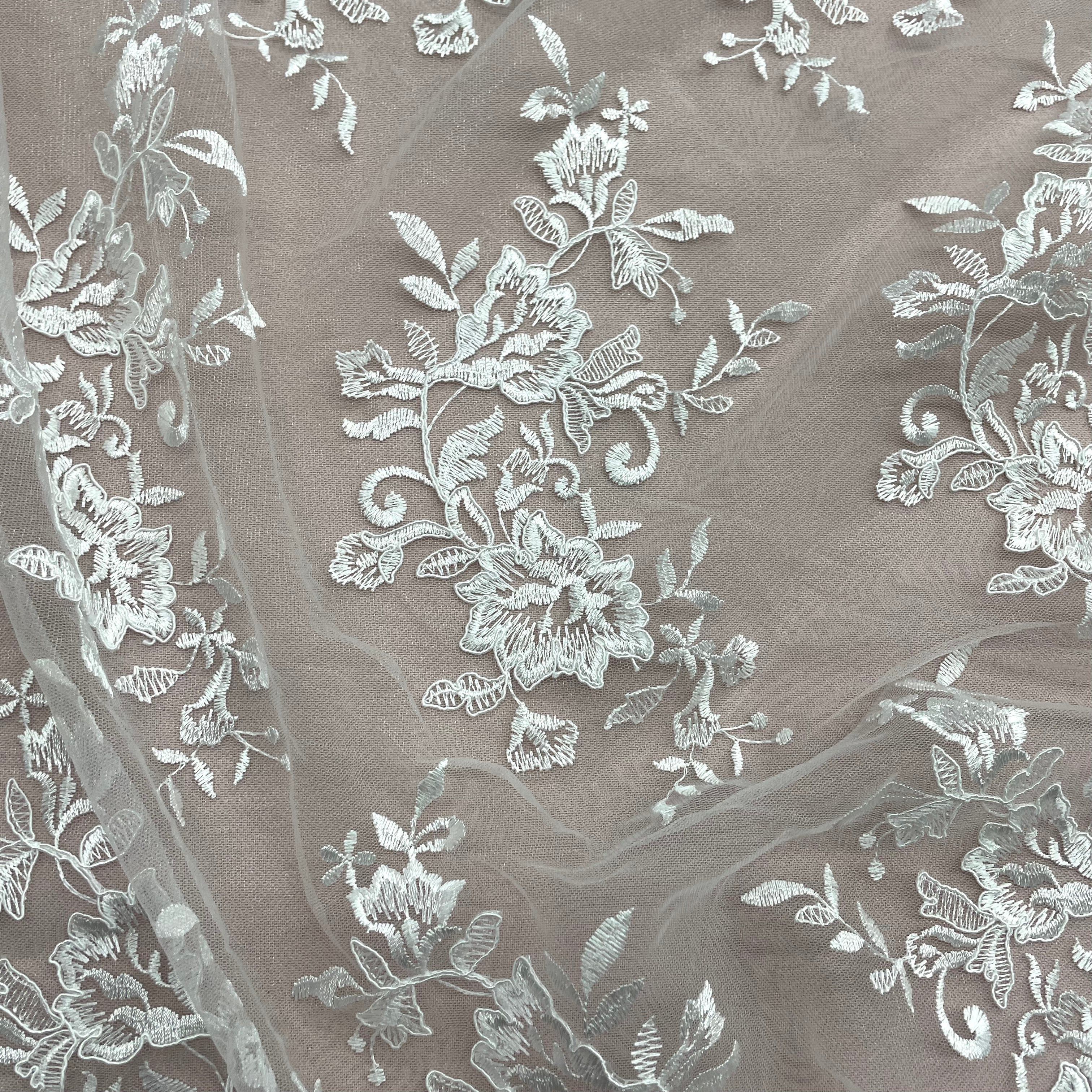 Corded Bridal Lace Fabric Embroidered on 100% Polyester Net Mesh | Lace USA - 97154W