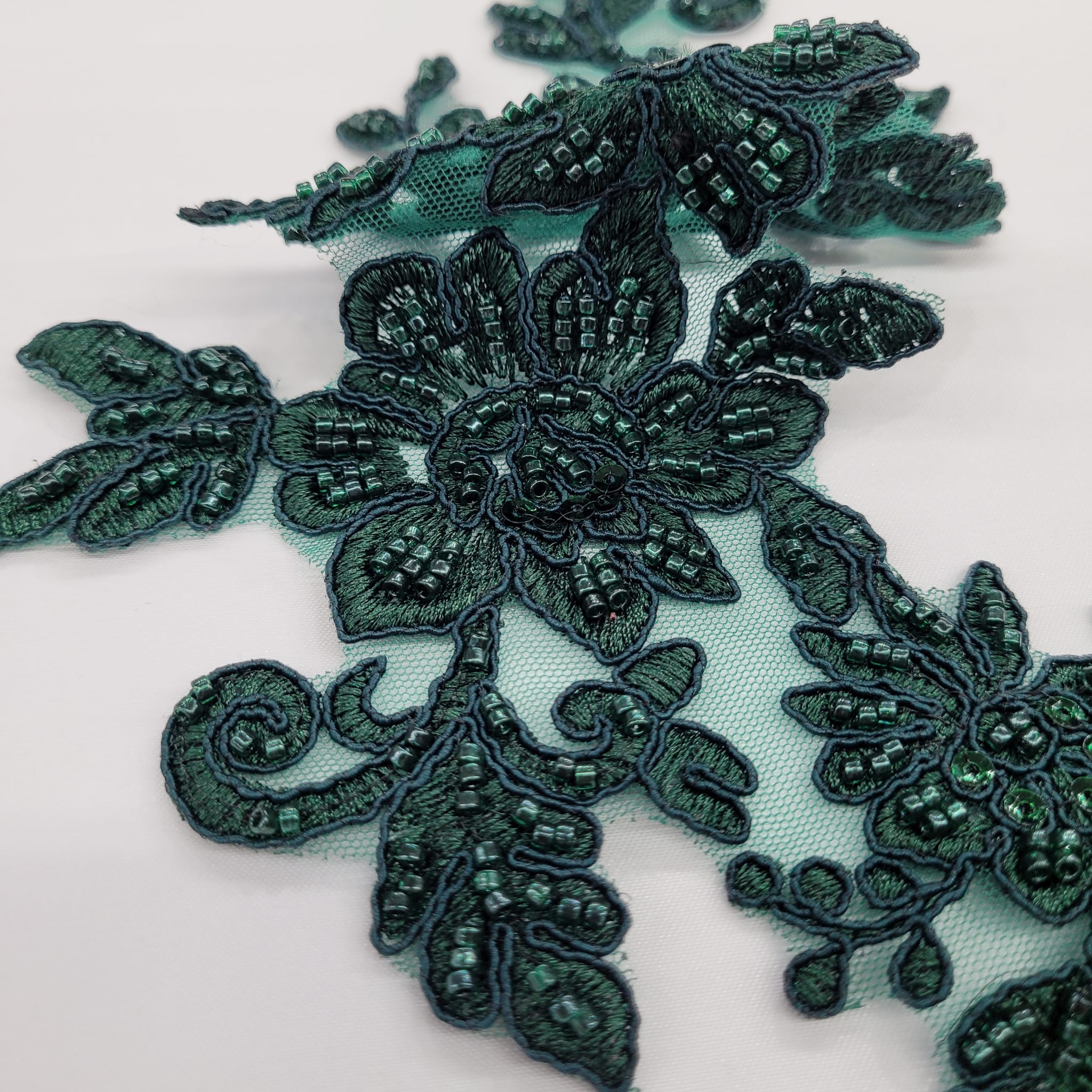 Beaded & Corded Floral Lace Applique Embroidered on 100% Polyester Net Mesh | Lace USA - 96440W-HB