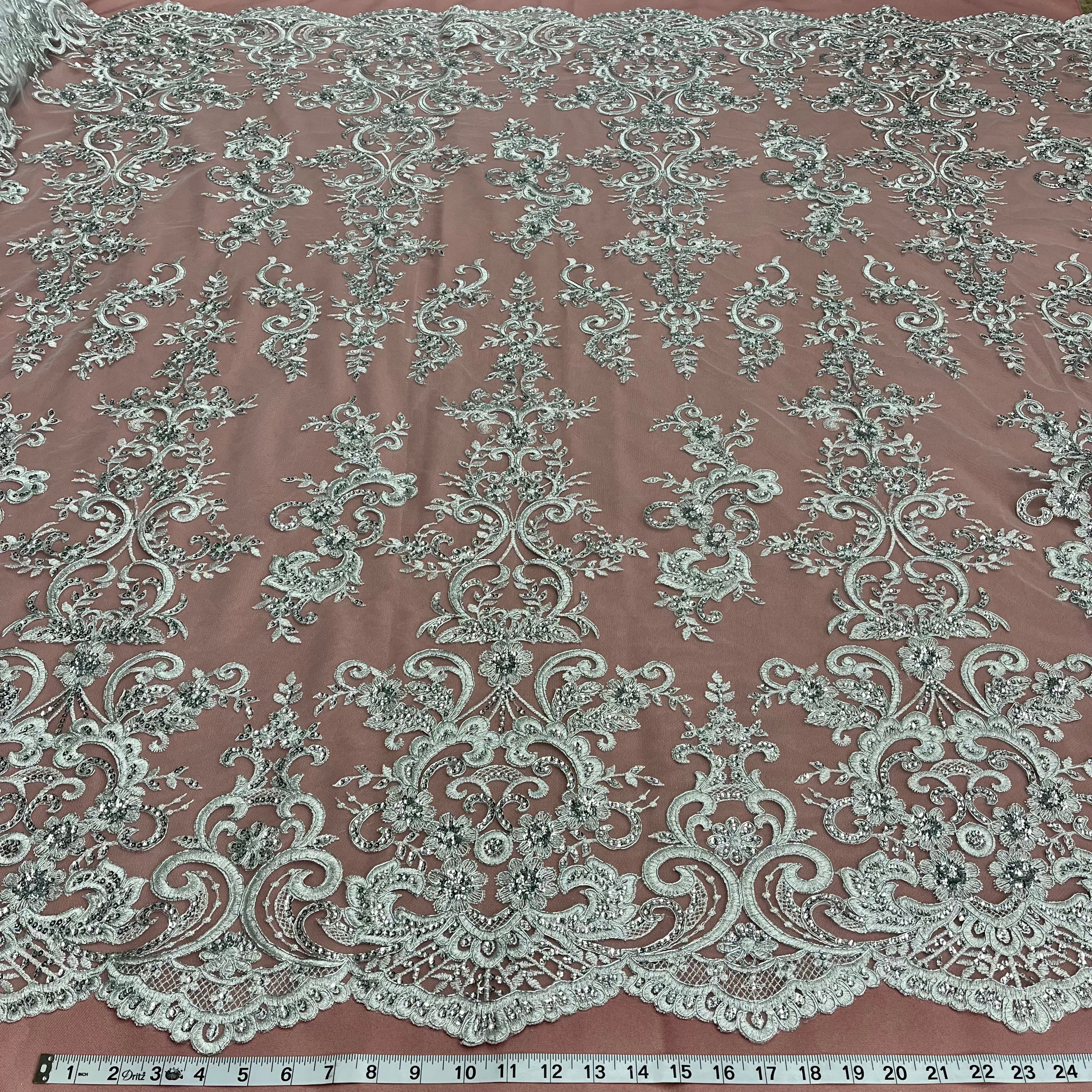 Ethereal Elegance: Beaded & Corded Bridal Embroidered Lace Fabric on Polyester Net Mesh| Lace USA - 97213W-SB