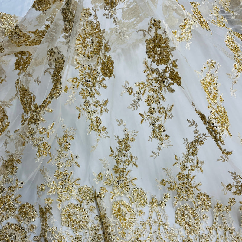 Beaded & Corded Bridal Lace Fabric Embroidered on 100% Polyester Net Mesh | Spandex Palace