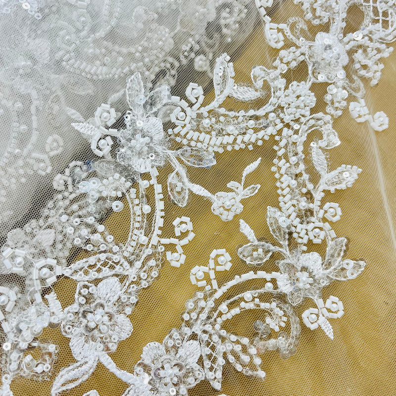 Beaded Lace Fabric Embroidered on 100% Polyester Net Mesh | Spandex Palace - GD-227239