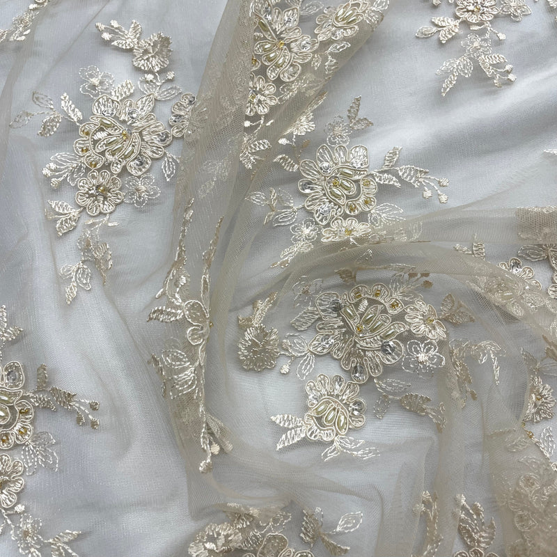 Beaded & Corded Bridal Fabric Lace Embroidered on 100% Polyester Net Mesh | Lace USA - 96517W-BP