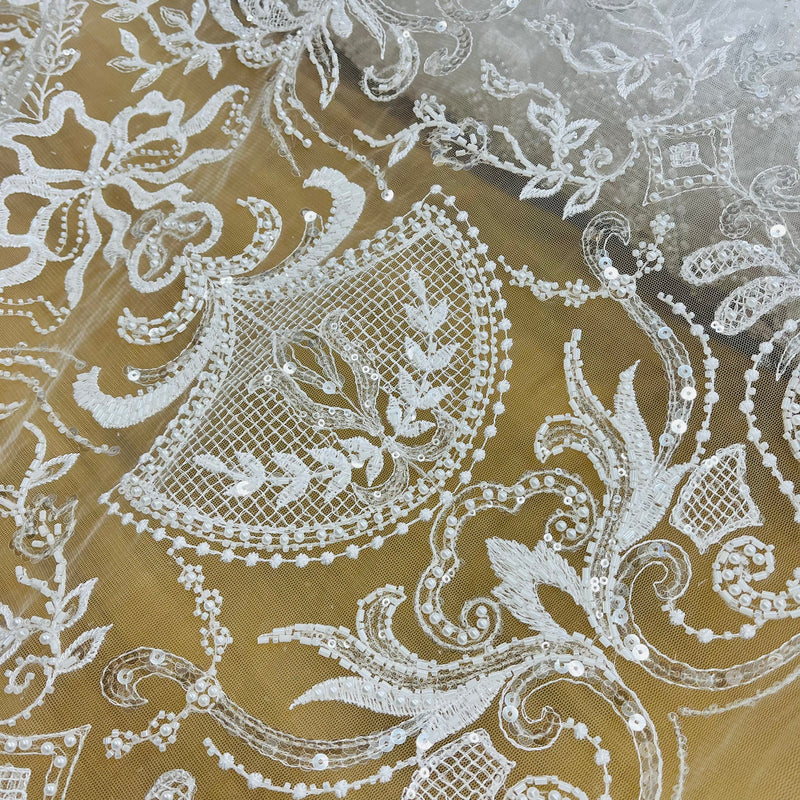 Beaded Lace Fabric Embroidered on 100% Polyester Net Mesh | Lace USA - GD-220707