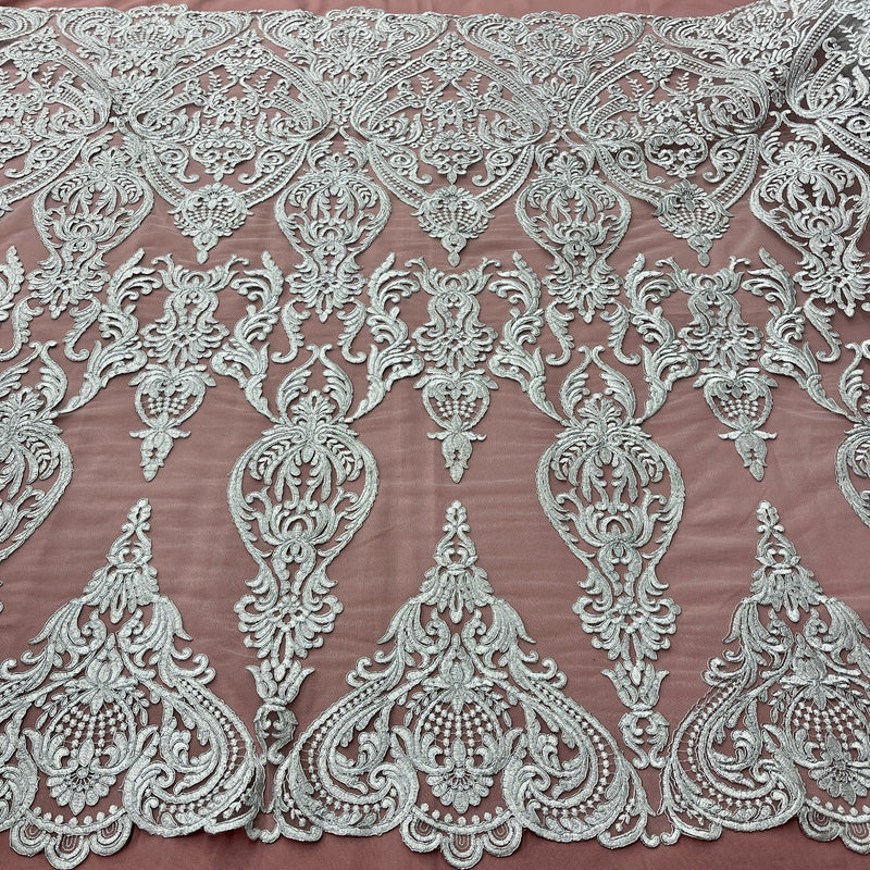 Corded Bridal Lace Fabric Embroidered on 100% Polyester Net Mesh | Spandex Palace- 97086W