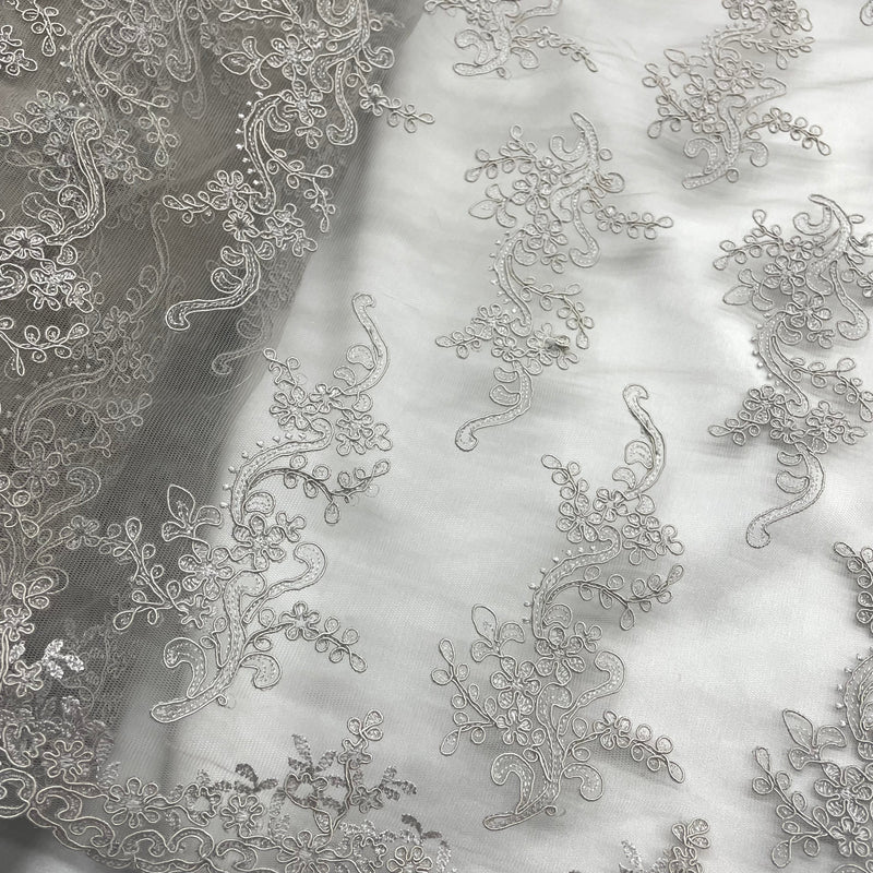 Corded Bridal Lace Fabric Embroidered on 100% Polyester Net Mesh | Lace USA - 97199W