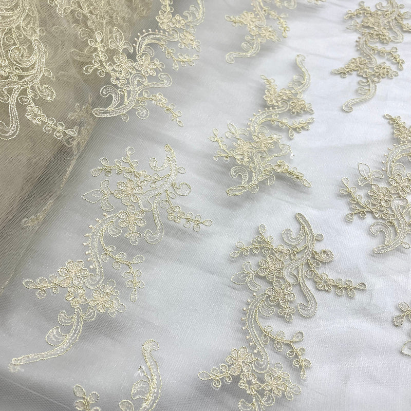 Corded Bridal Lace Fabric Embroidered on 100% Polyester Net Mesh | Lace USA - 97199W