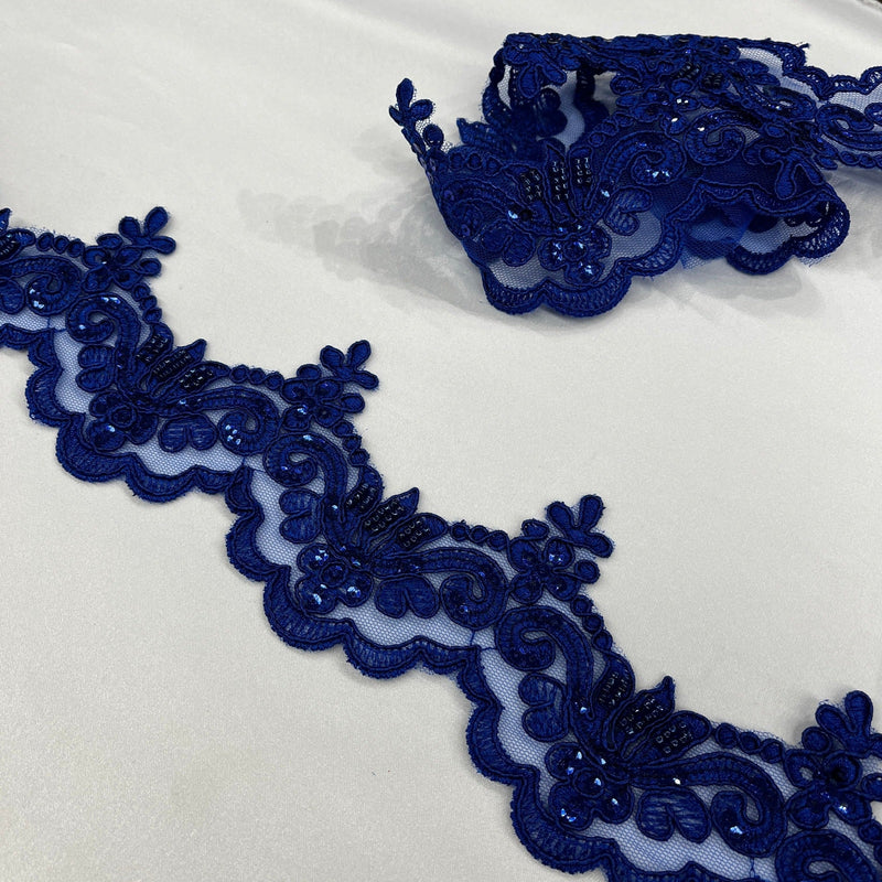 Beaded & Corded Lace Trimming Embroidered on 100% Polyester Net Mesh | Lace USA - KZ-34W-HB