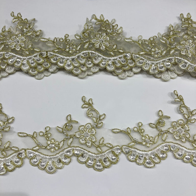 Beaded & Corded Lace Trimming Embroidered on 100% Polyester Organza or Net Mesh | Lace USA - 95955N-BP