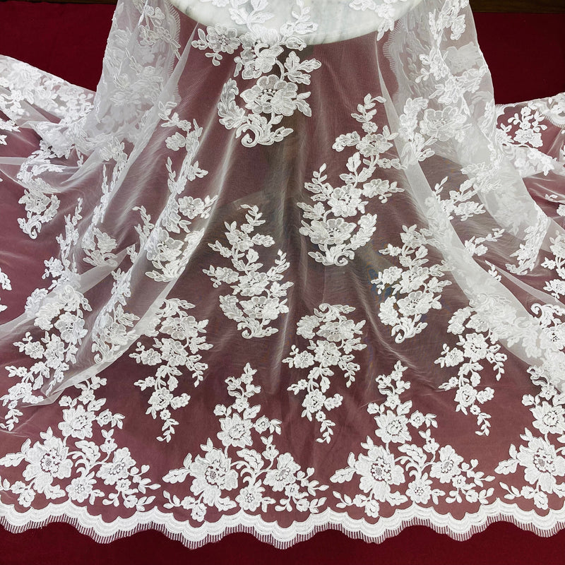 Corded Bridal Lace Fabric Embroidered on 100% Polyester Net Mesh | Lace USA - 97145W