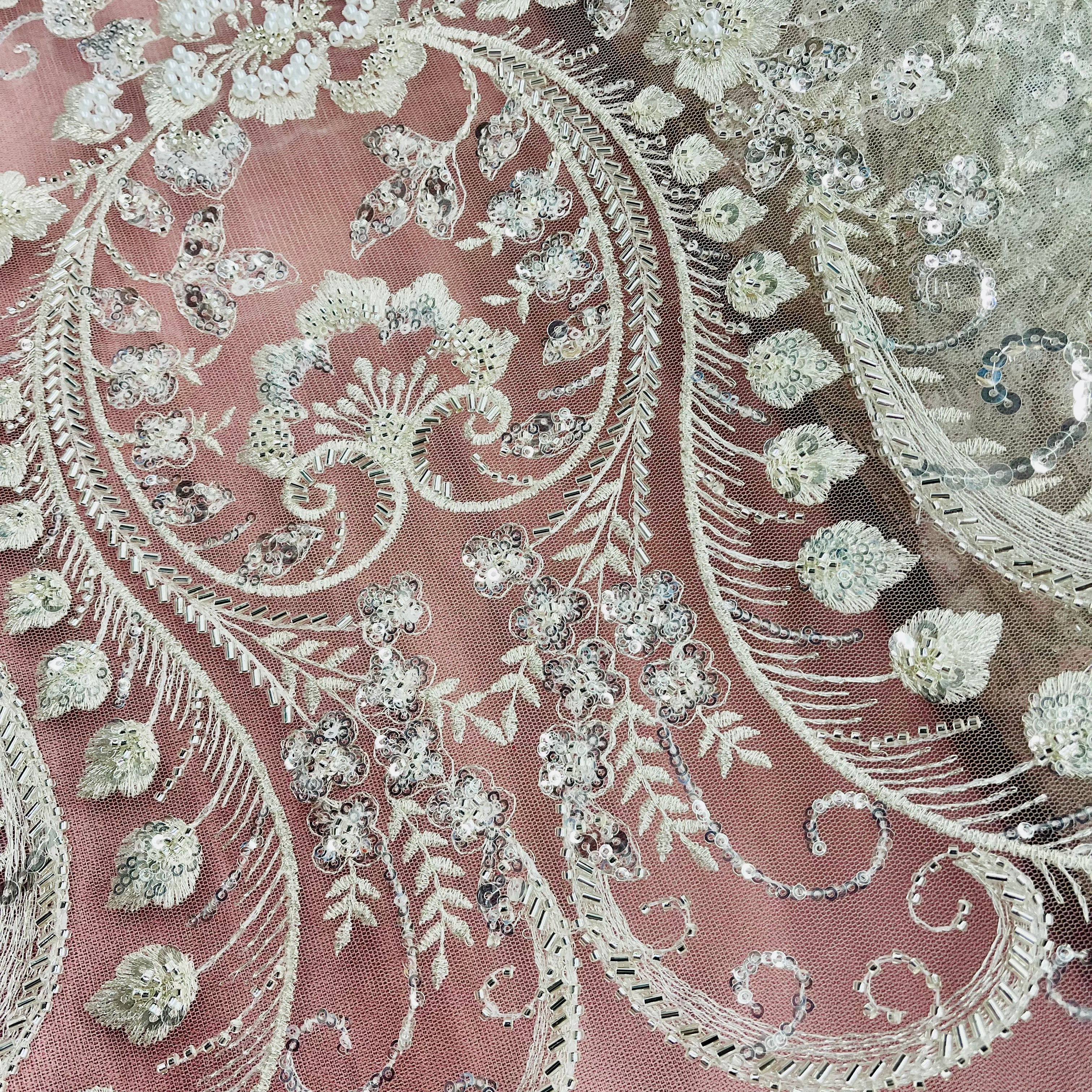 Beaded Lace Fabric Embroidered on 100% Polyester Net Mesh | Lace USA - GD-220702