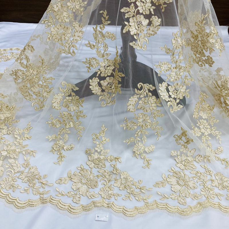 Corded Bridal Lace Fabric Embroidered on 100% Polyester Net Mesh | Lace USA - 97145W