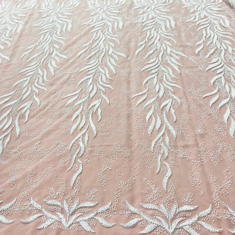 Beaded & Corded Bridal Lace Fabric Embroidered on 100% Polyester Net Mesh | Lace USA - GD-12621