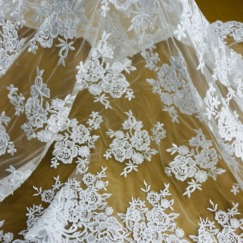 Corded Bridal Lace Fabric Embroidered on 100% Polyester Net Mesh | Lace USA - 97018W