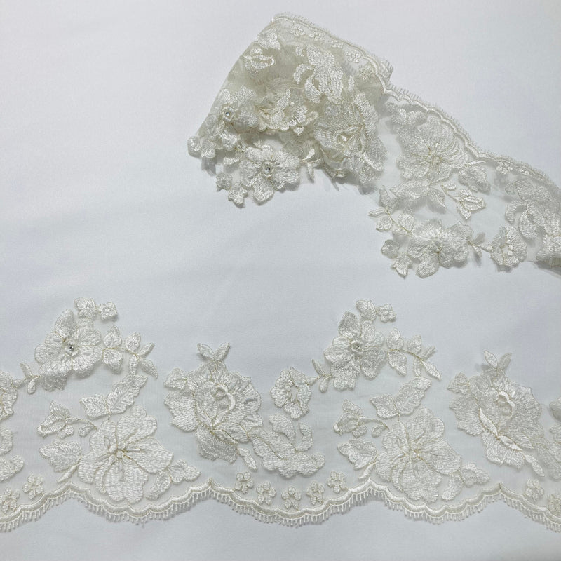 Beaded Floral Lace Trimming Embroidered on 100% Polyester Net Mesh | Lace USA - 890464W-BP