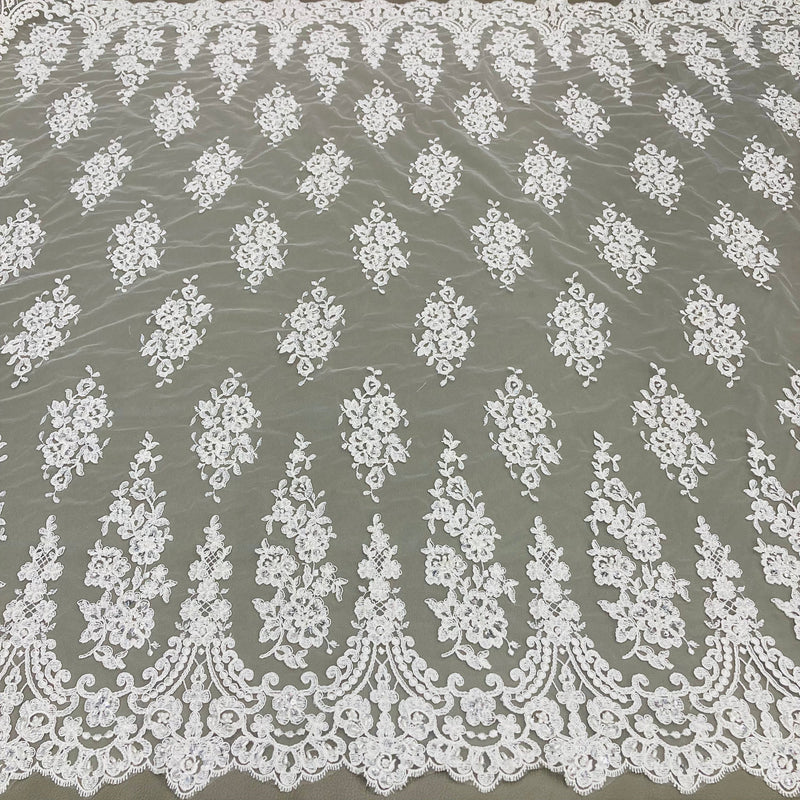 Beaded & Corded Lace Fabric Embroidered on 100% Polyester Net Mesh | Lace USA - 96784W-BP