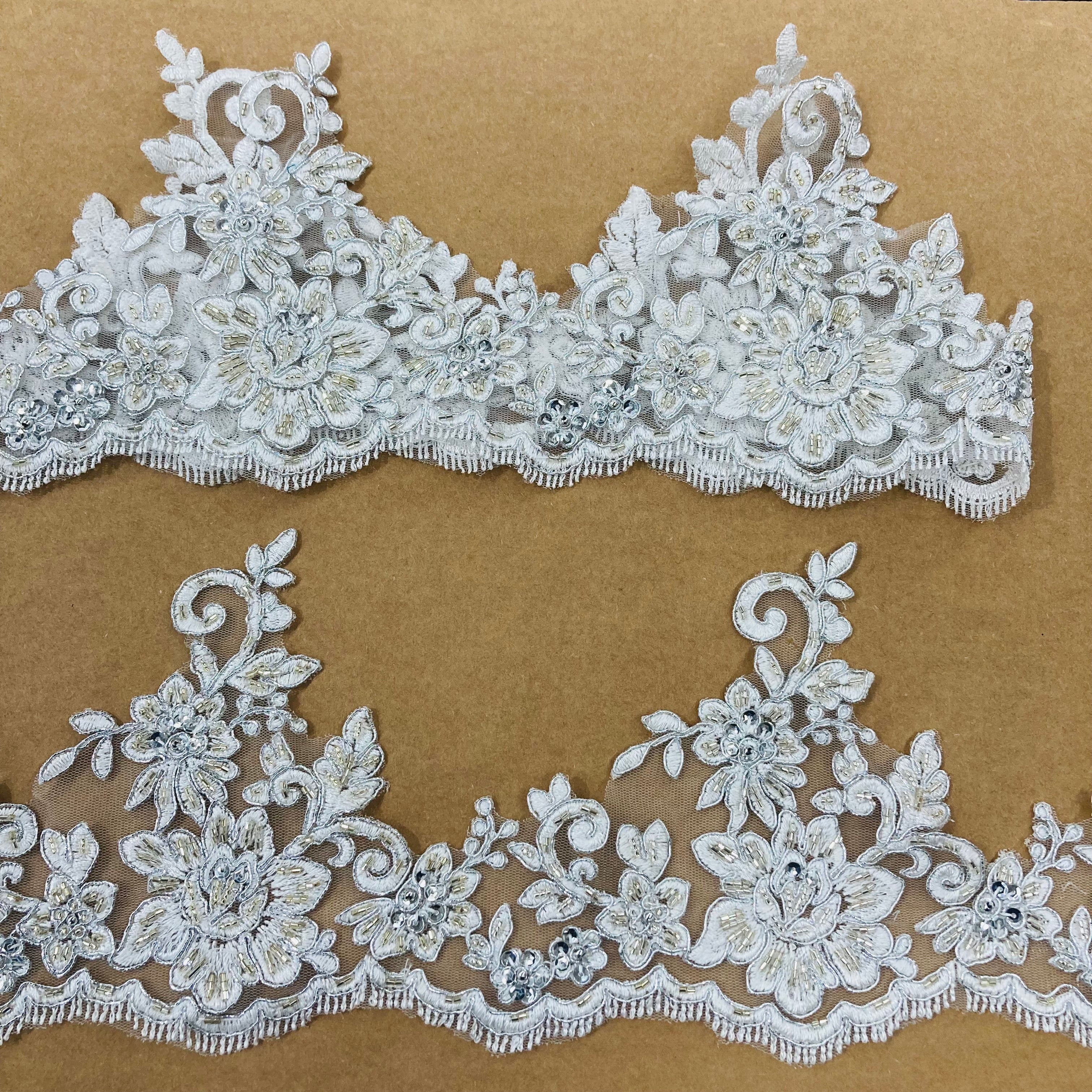 Beaded & Corded Floral Lace Trimming Embroidered on 100% Polyester Net Mesh | Lace USA - 96441W-HB