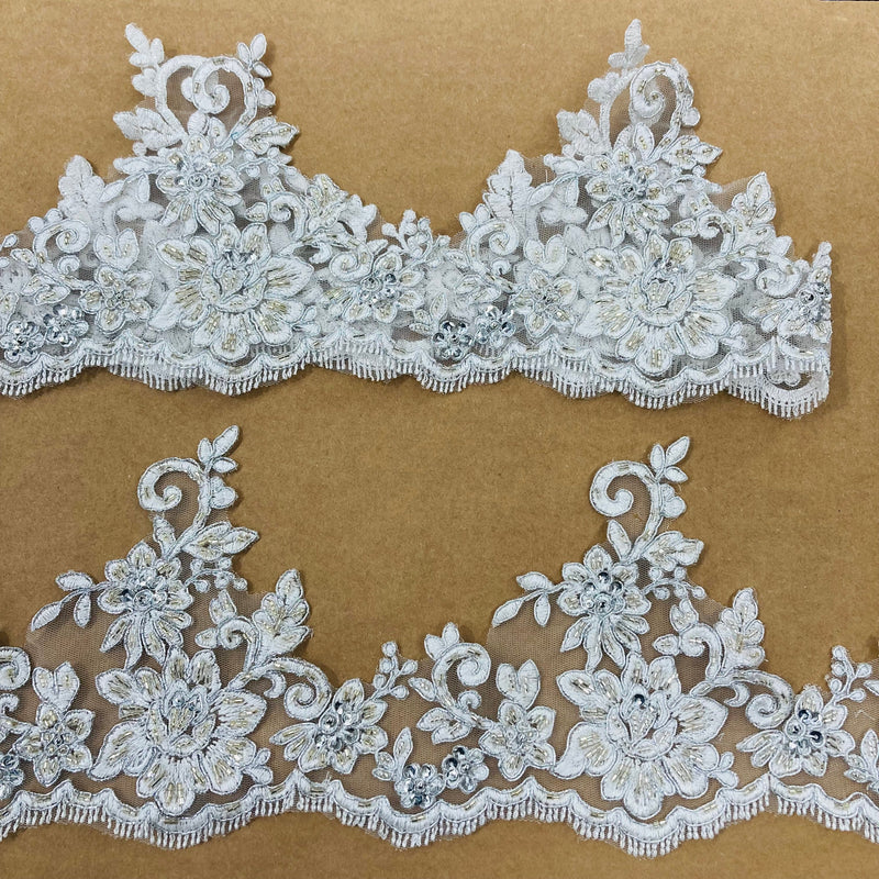 Beaded & Corded Floral Lace Trimming Embroidered on 100% Polyester Net Mesh | Lace USA - 96441W-HB