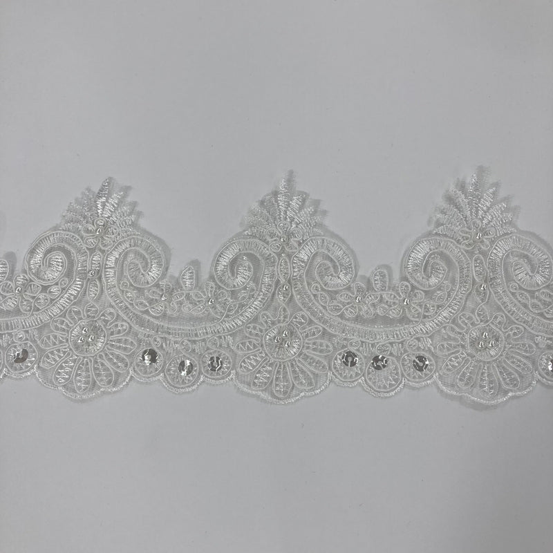 Beaded & Corded Lace Trimming Embroidered on 100% Polyester Net Mesh | Lace USA - 97120W-BP