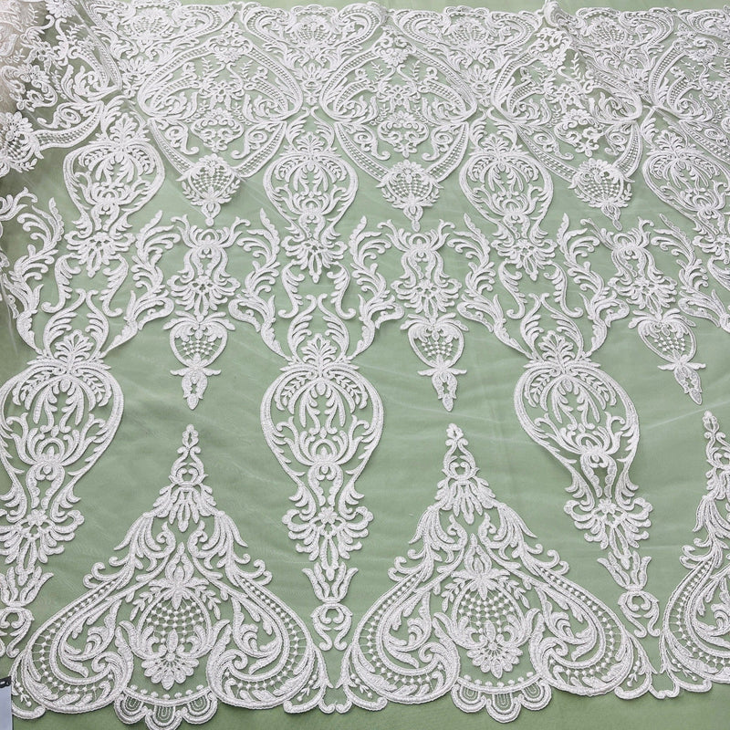 Corded Bridal Lace Fabric Embroidered on 100% Polyester Net Mesh | Spandex Palace- 97086W