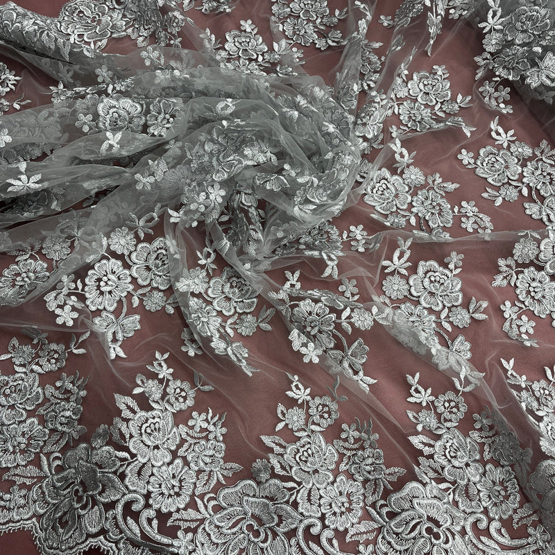 Corded Bridal Lace Fabric Embroidered on 100% Polyester Net Mesh | Lace USA - 97018W