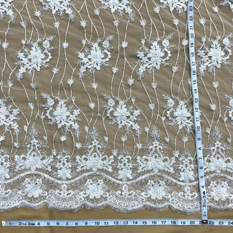 Beaded & Corded Bridal Lace Fabric Embroidered on 100% Polyester Net Mesh | Lace USA - GD-1815