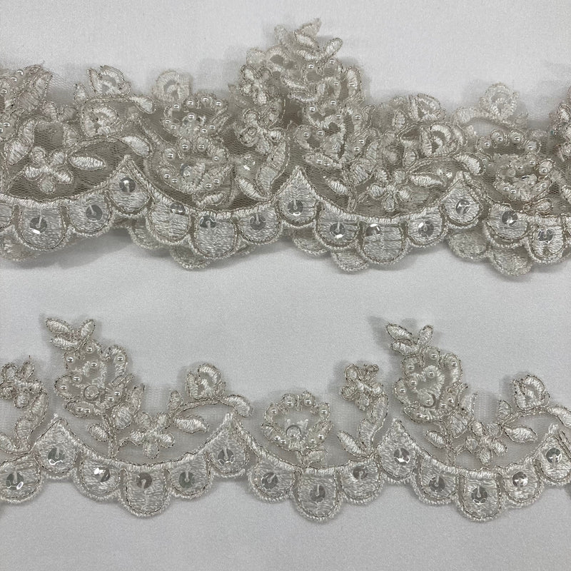 Beaded & Corded Floral Lace Trimming Embroidered on 100% Polyester Net Mesh | Lace USA - 95912W-BP