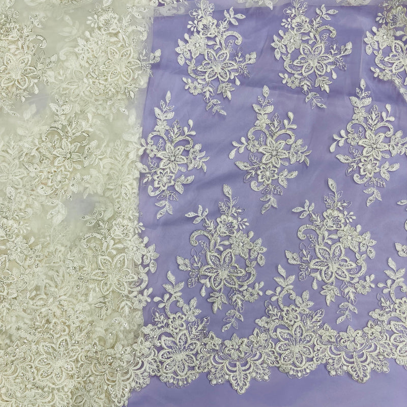 Beaded & Corded Bridal Lace Fabric Embroidered on 100% Polyester Net Mesh | Lace USA - 96983W-HB