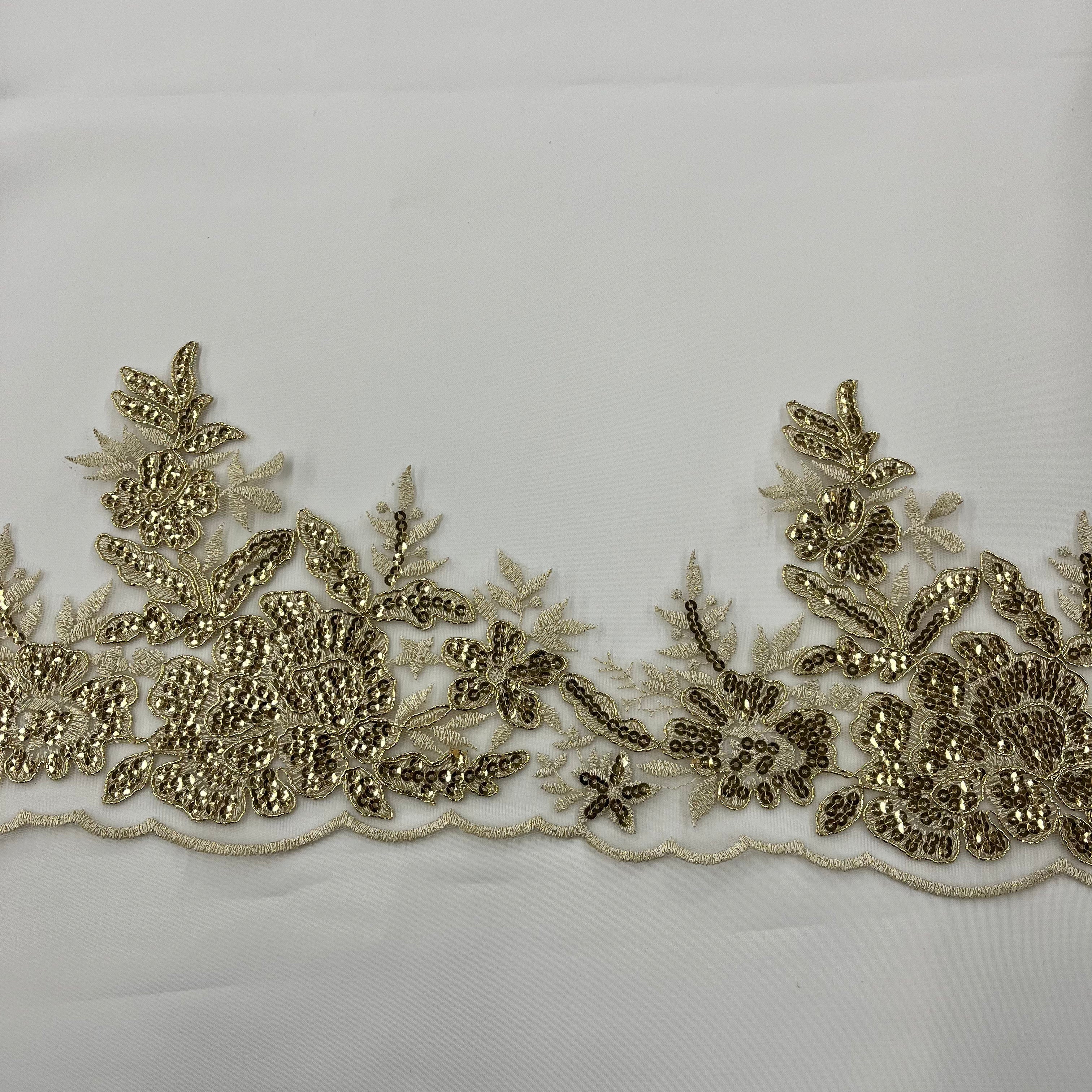 Beaded & Corded Floral Lace Trimming Embroidered on 100% Polyester Net Mesh | Lace USA - 97218W-SB