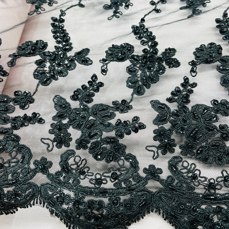 Beaded & Corded Lace Fabric Embroidered on 100% Polyester Net Mesh | Spandex Palace- GD-1819