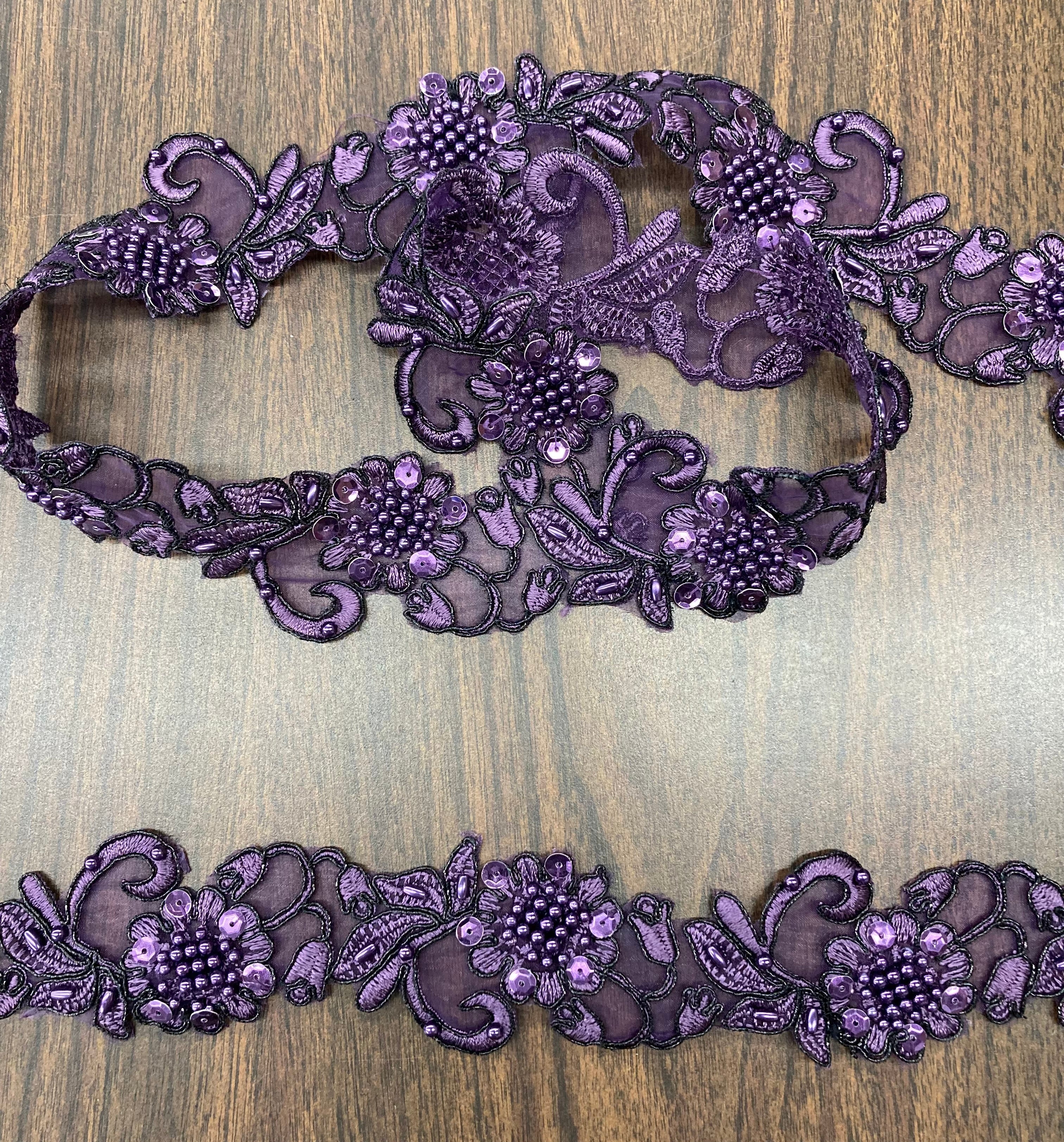 Beaded & Corded Lace Trimming Embroidered on 100% Polyester Organza | Lace USA - 95114N-BP