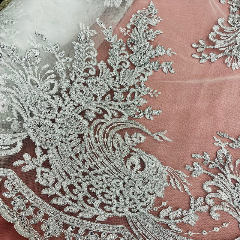 Beaded & Corded Bridal Lace Fabric Embroidered on 100% Polyester Net Mesh | Lace USA - 97141W-SB