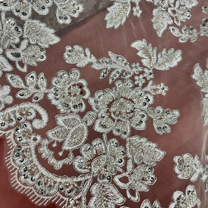 Beaded & Corded Bridal Lace Fabric Embroidered on 100% Polyester Net Mesh | Lace USA - 95409W-HB