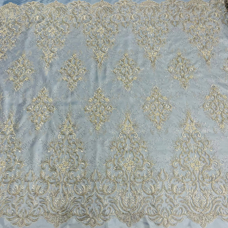 Beaded & Corded Bridal Lace Fabric Embroidered on 100% Polyester Net Mesh | Lace USA - GD-12266