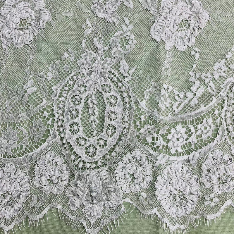 3 Yards Precut Beaded & Corded Chantilly Floral Lace Fabric Embroidered on 100% Polyester Net Mesh | Lace USA - 97143W-BP