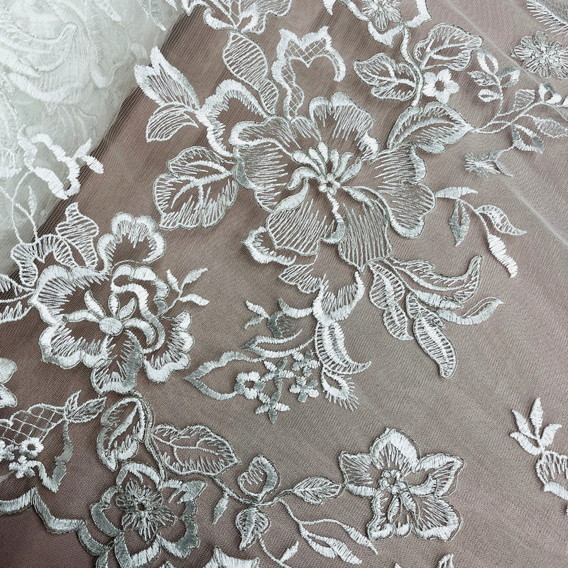 Corded Bridal Lace Fabric Embroidered on 100% Polyester Net Mesh | Lace USA - 97126W