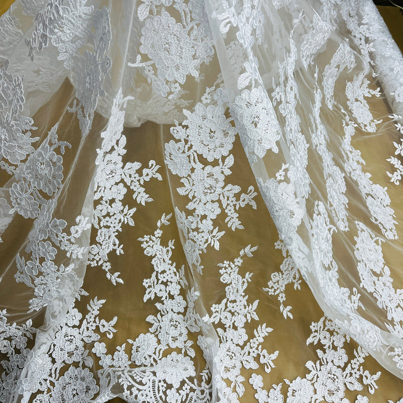 Corded Bridal Lace Fabric Embroidered on 100% Polyester Net Mesh | Lace USA - 96989W