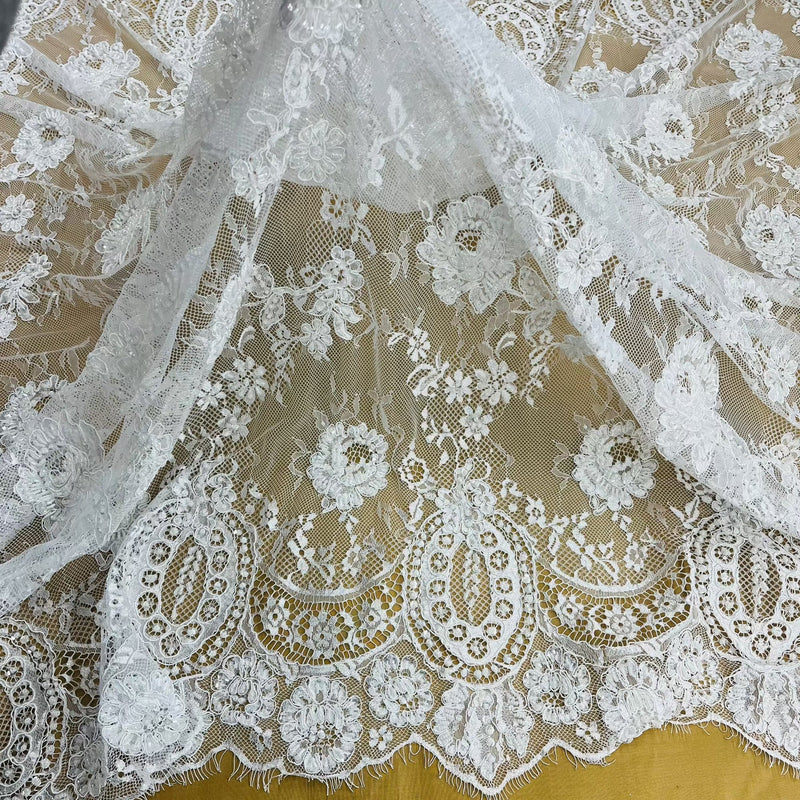 3 Yards Precut Beaded & Corded Chantilly Floral Lace Fabric Embroidered on 100% Polyester Net Mesh | Lace USA - 97143W-BP