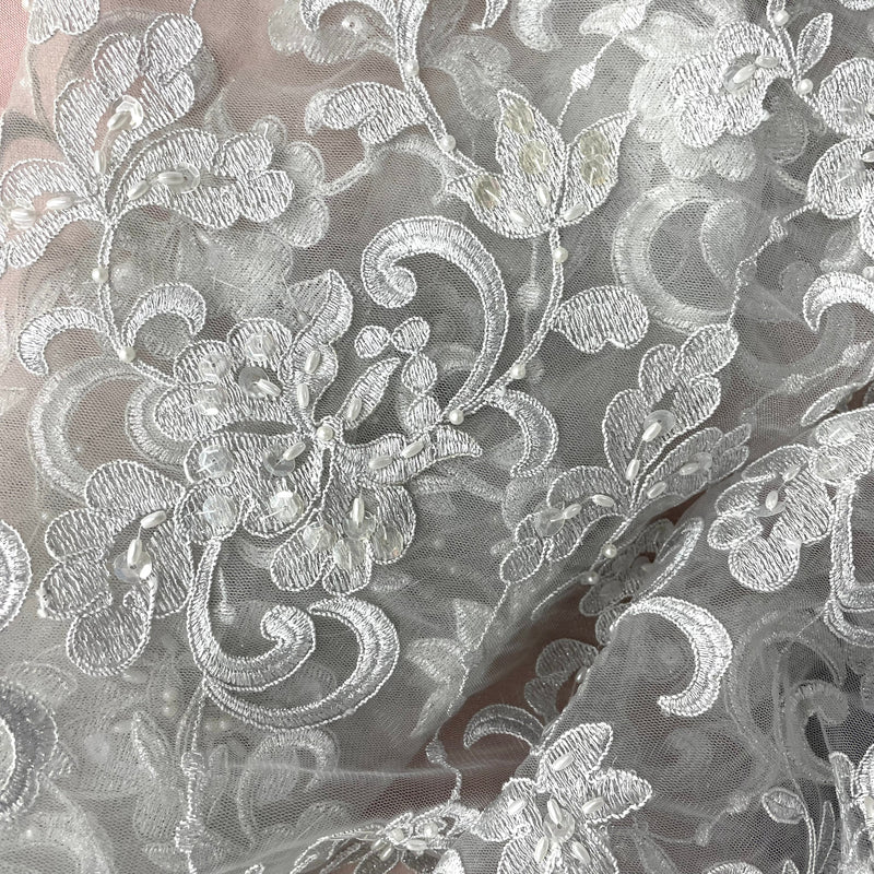 Beaded & Corded Bridal Fabric Lace Embroidered on 100% Polyester Net Mesh | Lace USA - 95488W-BP