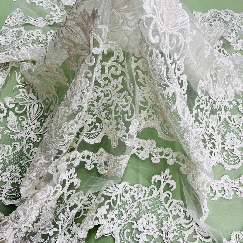 Corded Bridal Lace Fabric Embroidered on 100% Polyester Net Mesh | Lace USA - 97070W