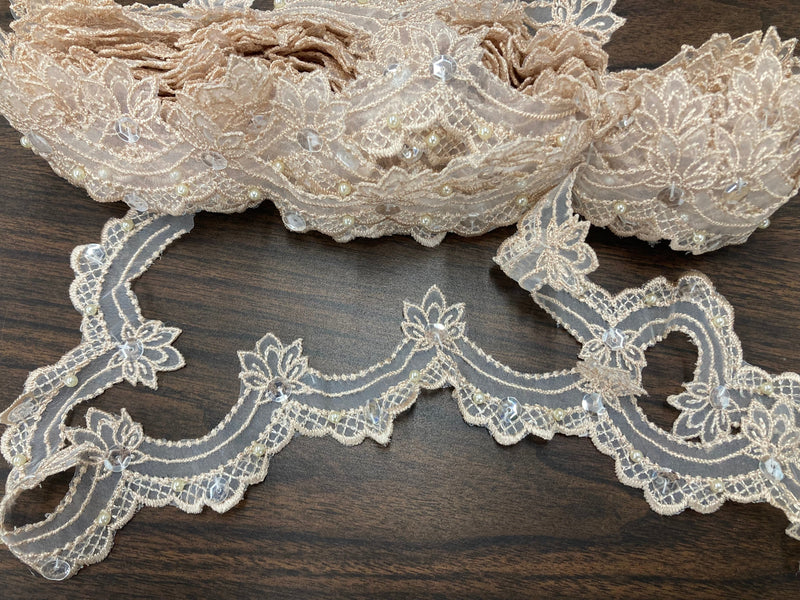 Beaded Lace Trimming Embroidered on 100% Polyester Organza | Lace USA - KZ-22