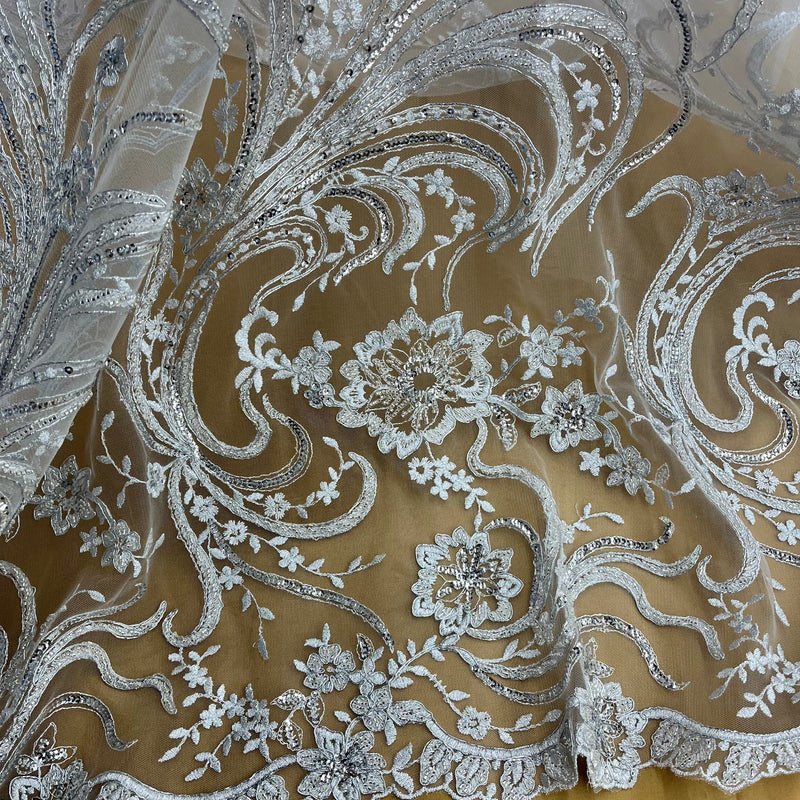 Beaded & Corded Bridal Lace Fabric Embroidered on 100% Polyester Net Mesh | Lace USA - 97130W-HB