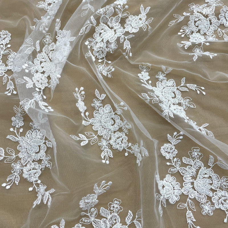 Beaded & Corded Bridal Fabric Lace Embroidered on 100% Polyester Net Mesh | Lace USA - 96517W-HB